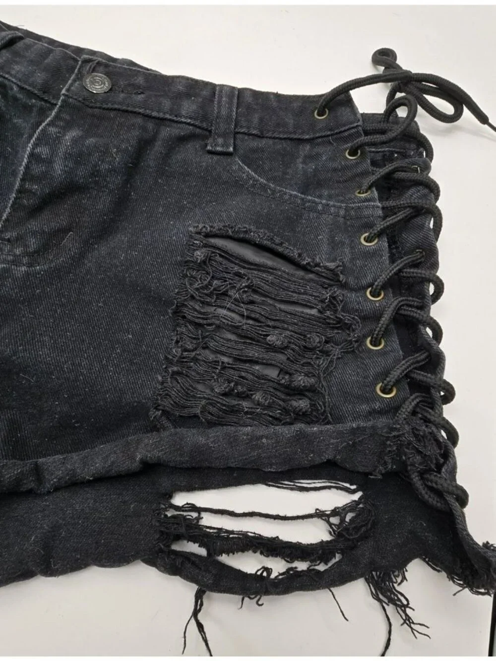 Black Distressed Denim Shorts With Lace-Up Sides And Frayed Hem Hot Pants JJ4380